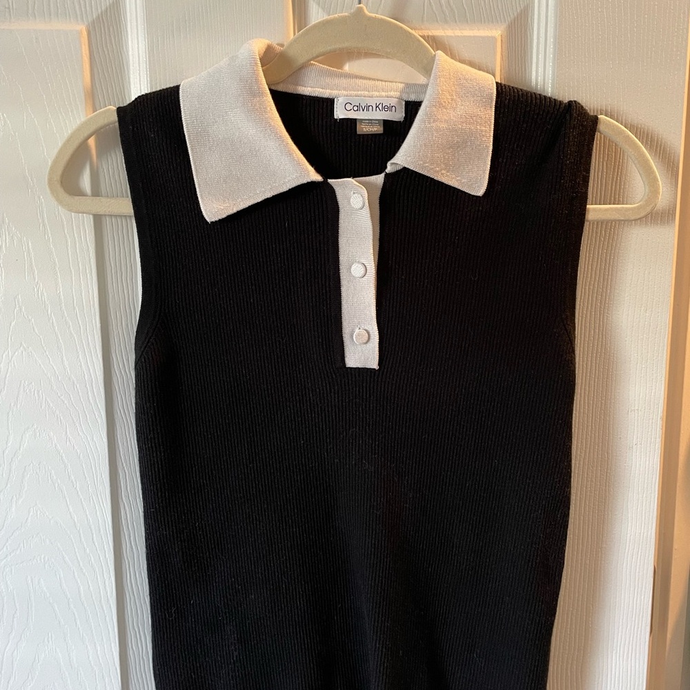 Calvin Klein Black Sleeveless Button Down Polo with White Collar